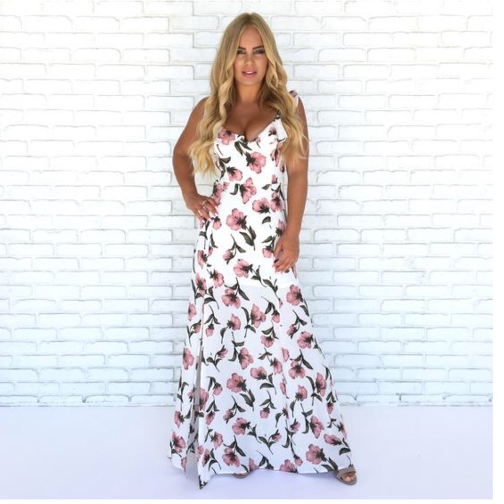 White & Pink Floral High Slit Maxi Dress